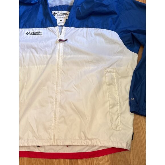 Columbia Windbreaker Hood Mens XL Blue & White Red Trim Jacket Zipper - Picture 3 of 10